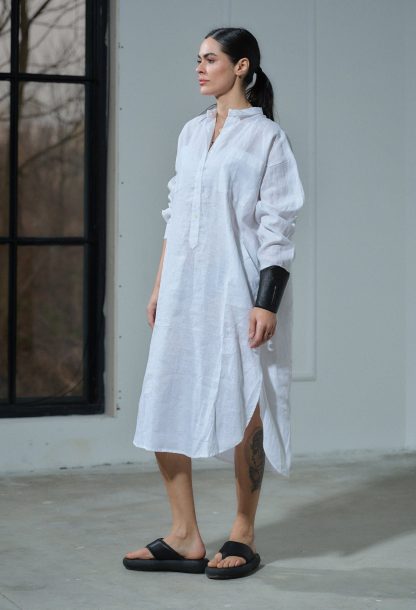 White linen long shirt dress linen women's clothing - Image 2