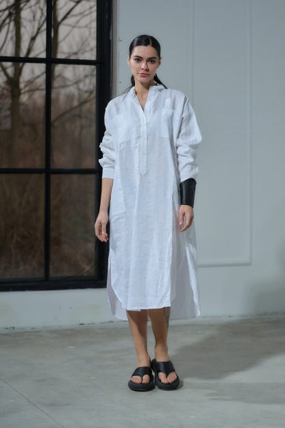 White linen long shirt dress linen women's clothing - Image 3