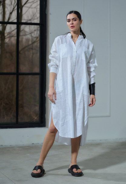 White linen long shirt dress linen women's clothing - Image 4