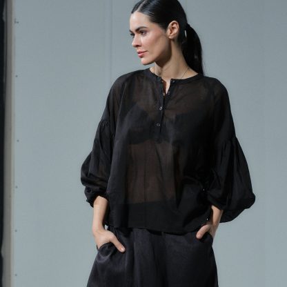 Women's Black Puff Sleeve Cotton Shirt