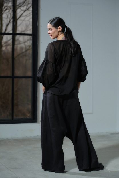 Women's Black Puff Sleeve Cotton Shirt - Image 2