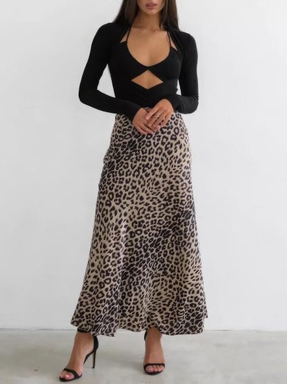 Women's Elegant Leopard Print Long Satin Dress
