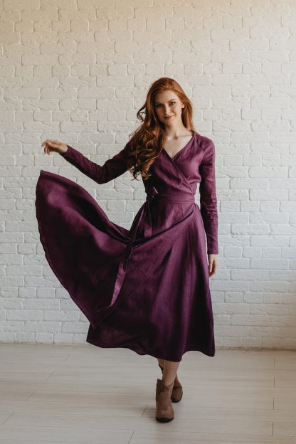 Women's Purple Heavy Linen Midi Skirt