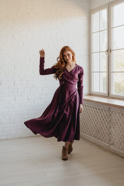 Women's Purple Heavy Linen Midi Skirt - Image 2