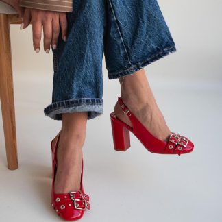 Women's Red Patent Leather Chunky Heel Slingbacks