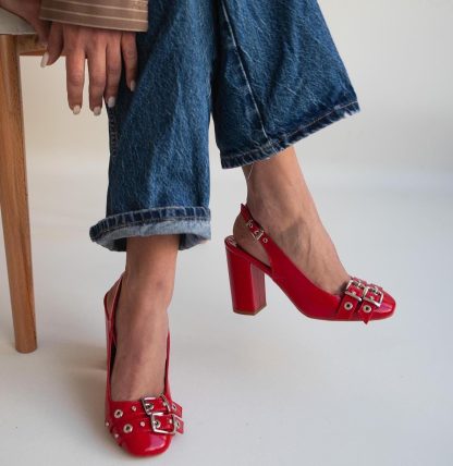 Women's Red Patent Leather Chunky Heel Slingbacks