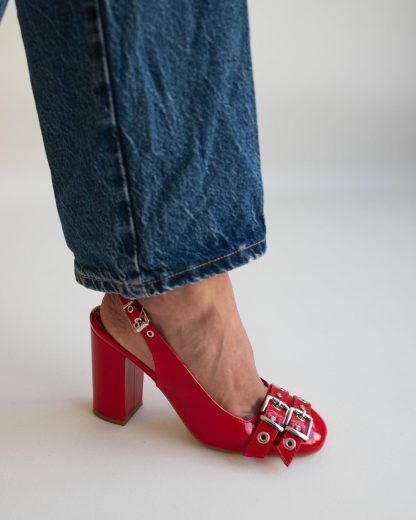 Women's Red Patent Leather Chunky Heel Slingbacks - Image 3