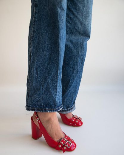 Women's Red Patent Leather Chunky Heel Slingbacks - Image 2