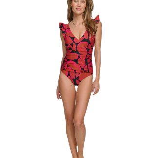 Women's Ruffle Shoulder V Neck One-Piece Swimsuit