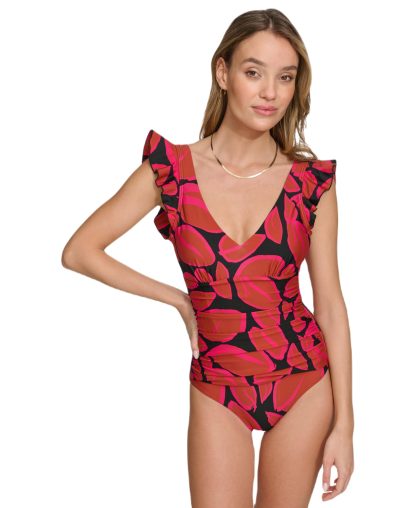 Women's Ruffle Shoulder V Neck One-Piece Swimsuit - Image 2