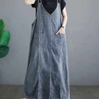 Women's Sleeveless V Neck Denim Overall Dress