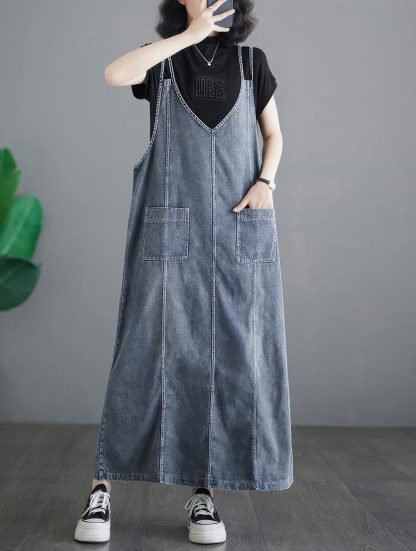 Women's Sleeveless V Neck Denim Overall Dress