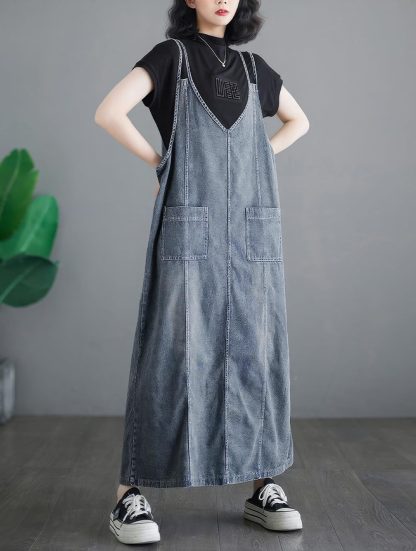 Women's Sleeveless V Neck Denim Overall Dress - Image 2