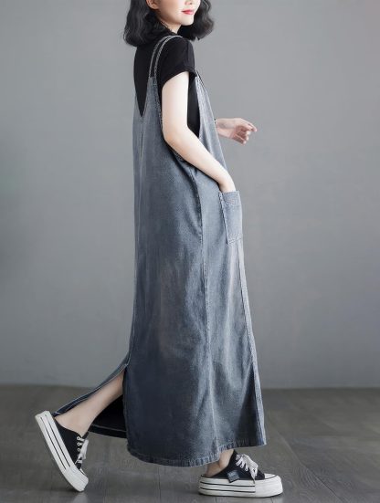 Women's Sleeveless V Neck Denim Overall Dress - Image 3