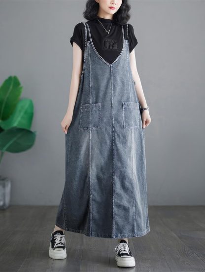 Women's Sleeveless V Neck Denim Overall Dress - Image 4