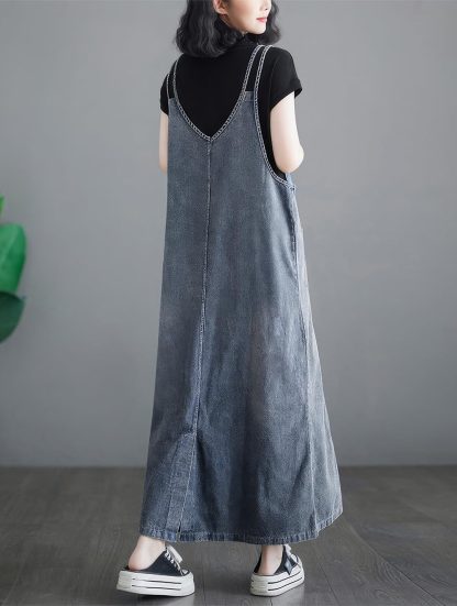 Women's Sleeveless V Neck Denim Overall Dress - Image 5