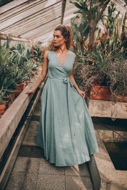Women's Tie Waist Linen Wrap Dress - Image 4