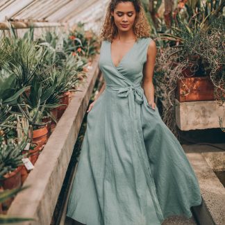 Women's Tie Waist Linen Wrap Dress