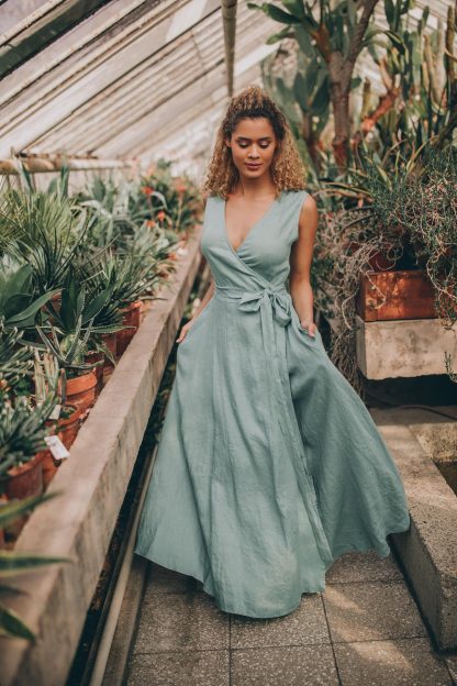 Women's Tie Waist Linen Wrap Dress