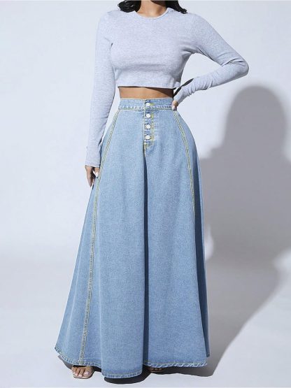Women's Vintage A-Line Denim Maxi Skirt - Image 2