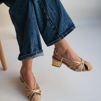 Women's gold low-heeled block heel sandals