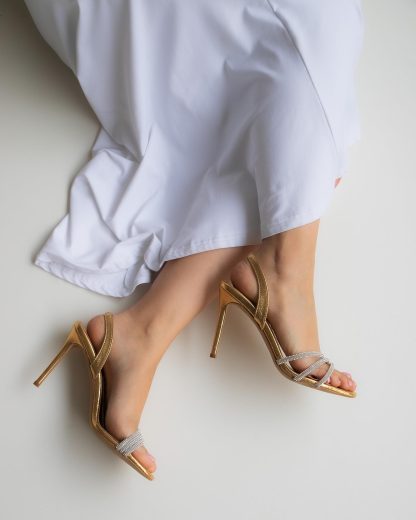 Women's gold strappy high heel sandals - Image 3