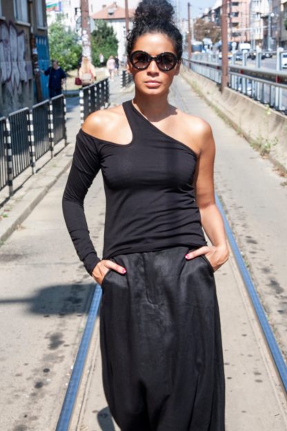Women's one shoulder asymmetric black top