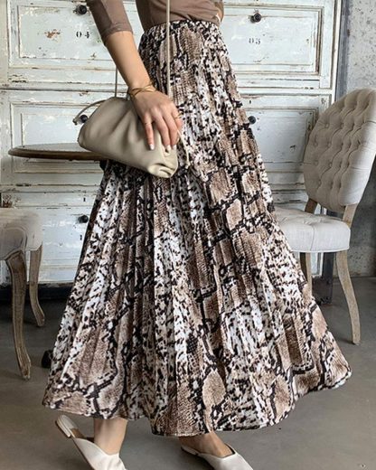 Women's snakeskin leopard A-line pleated long skirt