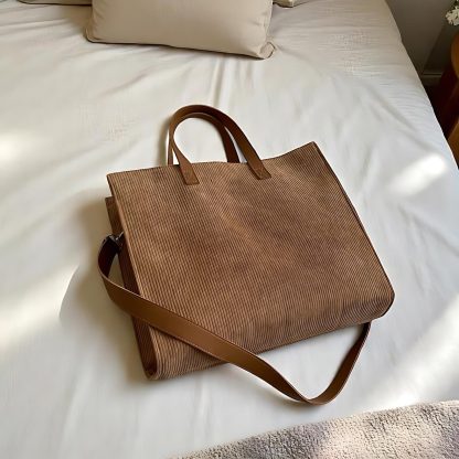 Corduroy Tote Bag with Leather Strap - Image 6