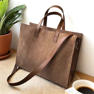 Corduroy Tote Bag with Leather Strap
