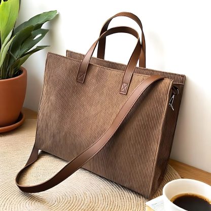 Corduroy Tote Bag with Leather Strap