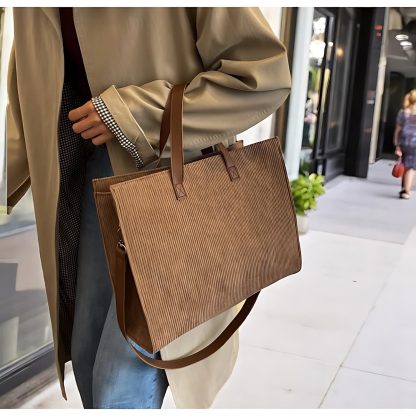 Corduroy Tote Bag with Leather Strap - Image 4