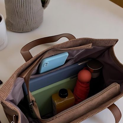 Corduroy Tote Bag with Leather Strap - Image 3