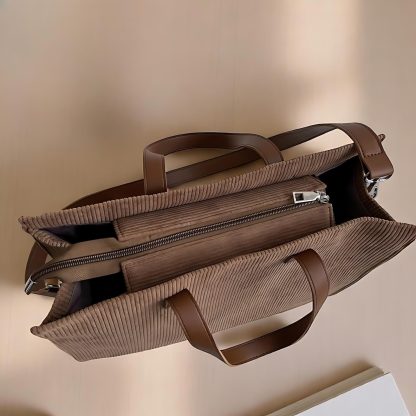 Corduroy Tote Bag with Leather Strap - Image 2