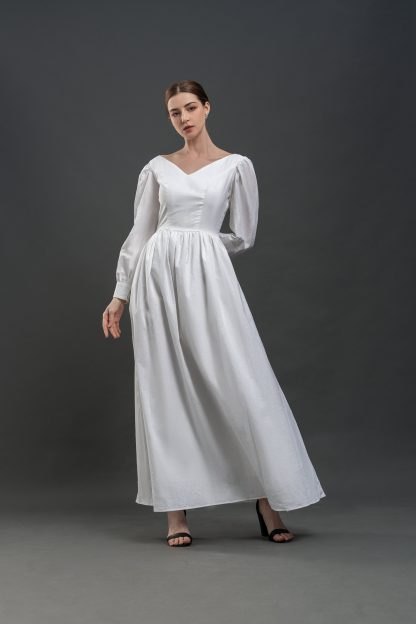 French Elegant V Neck Puff Sleeve Long Dress - Image 3