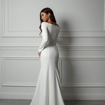 Elegant Long Sleeve Satin Wedding Dress - Image 5