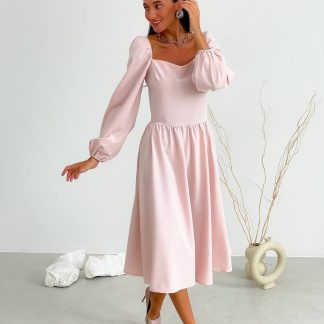 Blush Pink Puff Sleeve Midi Dress