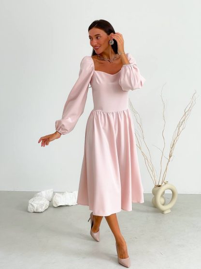 Blush Pink Puff Sleeve Midi Dress