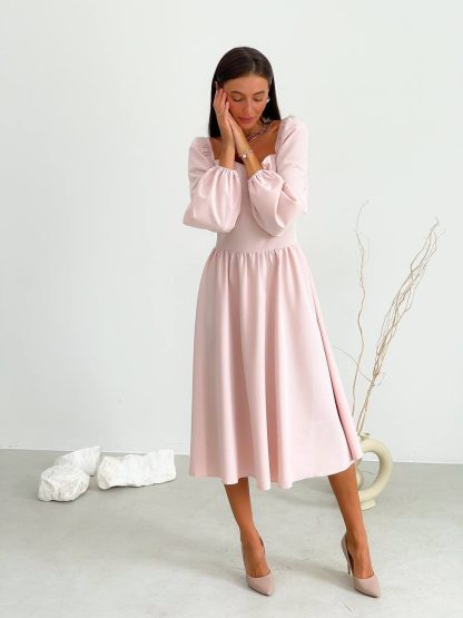 Blush Pink Puff Sleeve Midi Dress - Image 3