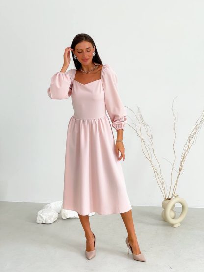 Blush Pink Puff Sleeve Midi Dress - Image 4