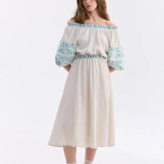 Boho Embroidered Off-Shoulder Midi Dress