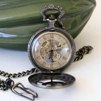 Antique Skeleton Pocket Watch with Red Roman Numerals