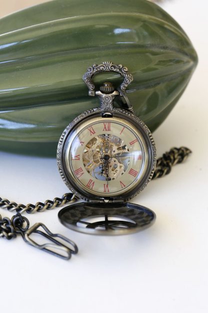 Antique Skeleton Pocket Watch with Red Roman Numerals