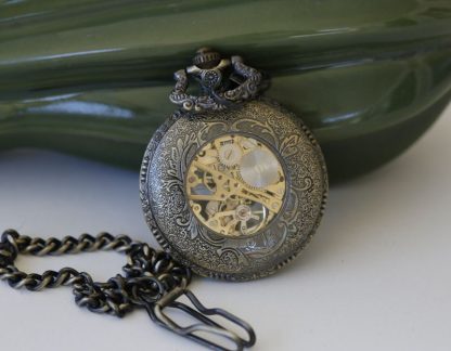 Antique Skeleton Pocket Watch with Red Roman Numerals - Image 2