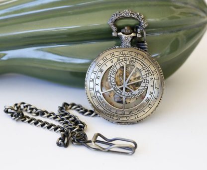 Antique Skeleton Pocket Watch with Red Roman Numerals - Image 4