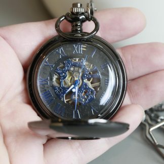 Black and blue skeleton mechanical pocket watch