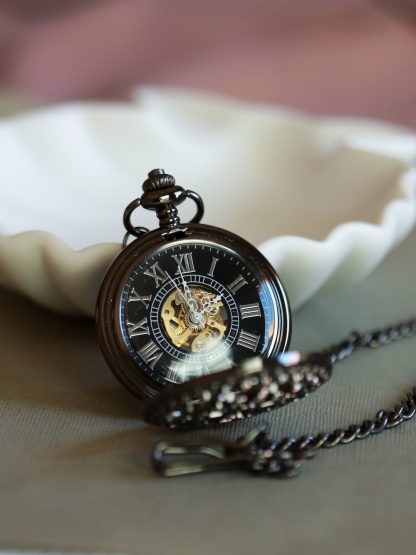 Black vintage mechanical skeleton pocket watch