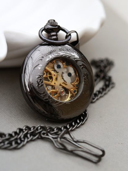 Black vintage mechanical skeleton pocket watch - Image 3