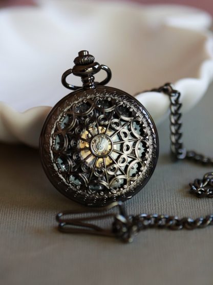 Black vintage mechanical skeleton pocket watch - Image 2