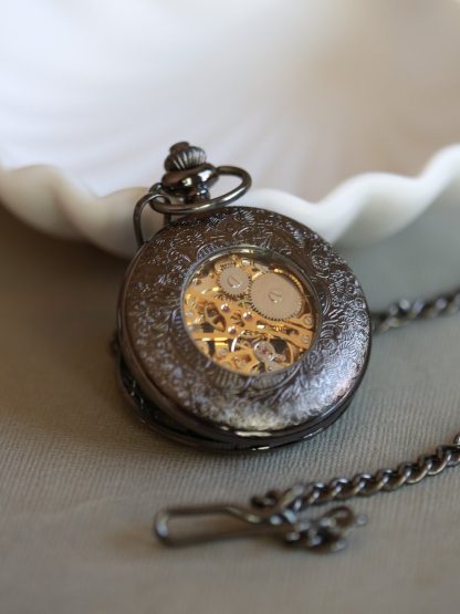 Black vintage mechanical skeleton pocket watch - Image 5